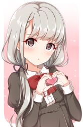 Rule 34 | 1girl, :&lt;, absurdres, black dress, black ribbon, blush, bow, bowtie, braid, braided bangs, brown eyes, commentary, dress, gradient background, grey hair, hair bow, hair over shoulder, hair ribbon, heart, heart hands, highres, hisakawa nagi, idolmaster, idolmaster cinderella girls, juliet sleeves, long hair, long sleeves, looking at viewer, low twintails, naruse nagi, own hands together, parted lips, pink background, puffy sleeves, red bow, red bowtie, ribbon, solo, twintails, upper body