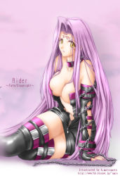 Rule 34 | 1girl, akatsuki akane, arm support, artist name, bare shoulders, boots, breasts, chain, character name, cleavage, collar, copyright name, detached sleeves, elbow gloves, fate/stay night, fate (series), female focus, gloves, gradient background, large breasts, long hair, medusa (fate), medusa (rider) (fate), nameless dagger (fate), purple hair, solo, square pupils, tattoo, thigh boots, thighhighs, thighs, very long hair, watermark, web address, yellow eyes