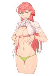 Rule 34 | 1girl, akashi (kancolle), alternate costume, bikini, bikini bottom only, biting, biting clothes, breast hold, breast lift, breasts, clothes in mouth, clothes pull, collarbone, commentary request, cowboy shot, cropped legs, green eyes, groin, hair between eyes, hair ribbon, highres, kantai collection, large breasts, long hair, looking at viewer, mouth hold, navel, no bra, parted lips, pink hair, ribbon, shirt, shirt in mouth, shirt pull, short sleeves, simple background, solo, standing, string bikini, sweat, swimsuit, tress ribbon, very long hair, wet, white background, yuuji (and)
