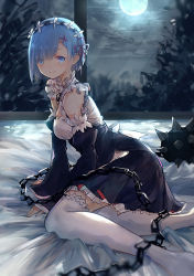 Rule 34 | 10s, 1girl, bai qi-qsr, ball and chain (weapon), bare shoulders, blue eyes, blue hair, breasts, chain, detached collar, detached sleeves, dress, eyes visible through hair, flail, frilled dress, frills, from side, full moon, hair ornament, hair over one eye, hair ribbon, hands on floor, light rays, looking at viewer, maid, maid headdress, matching hair/eyes, medium breasts, moon, morning star, night, pink ribbon, re:zero kara hajimeru isekai seikatsu, rem (re:zero), ribbon, short hair, sitting, smile, solo, spiked ball and chain, thighhighs, weapon, white thighhighs, window, x hair ornament