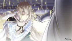 Rule 34 | 1boy, 1girl, armor, artoria pendragon (fate), artoria pendragon (lancer) (fate), bedivere (fate), braid, cape, checkered floor, fate/grand order, fate (series), french braid, gauntlets, h-new, hand on own chest, kneeling, on one knee, out of frame, prosthesis, prosthetic arm, signature
