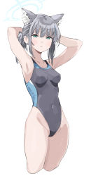 Rule 34 | 1girl, animal ear fluff, animal ears, arms behind head, black one-piece swimsuit, blue archive, breasts, covered navel, cowboy shot, cropped legs, cross hair ornament, green eyes, grey hair, hair ornament, halo, hei (tonarinohey), highleg, highleg swimsuit, highres, medium hair, one-piece swimsuit, shiroko (blue archive), shiroko (swimsuit) (blue archive), simple background, small breasts, solo, standing, swimsuit, white background