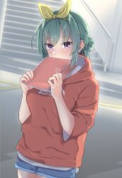 Rule 34 | 1girl, blue shorts, blush, braid, casual, commentary, covering own mouth, cowboy shot, day, double-parted bangs, eyelashes, eyes visible through hair, green hair, hair between eyes, hair bun, hair ribbon, half updo, highres, holding, holding notebook, hood, hood down, hoodie, long sleeves, looking at viewer, medium hair, notebook, outdoors, purple eyes, red hoodie, ribbon, shorts, shy, side braid, sidelocks, silver116, single hair bun, solo, standing, takadate orie, tenshi souzou re-boot!, wide sleeves, yellow ribbon