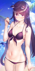 Rule 34 | 1girl, absurdres, animal ears, arknights, bare arms, bare shoulders, bikini, blue sky, blush, breasts, cat ears, cat tail, cloud, collarbone, commentary request, cowboy shot, day, front-tie bikini top, front-tie top, groin, hair between eyes, halterneck, hand up, highres, long hair, looking at viewer, melantha (arknights), navel, parted lips, partial commentary, purple bikini, purple eyes, purple hair, side-tie bikini bottom, sky, small breasts, solo, standing, stomach, string bikini, swimsuit, tail, takechii, thighs, very long hair