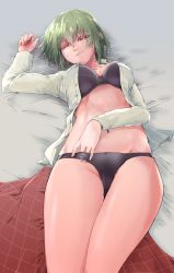 Rule 34 | 1girl, bed, bed sheet, black bra, black panties, bra, breasts, buttons, cameltoe, closed mouth, collarbone, collared shirt, colored eyelashes, eyebrows, green hair, hair between eyes, hand in panties, heart, heart-shaped pupils, highres, kazami yuuka, lace, lace-trimmed bra, lace trim, long skirt, long sleeves, looking at viewer, lying, medium breasts, messy hair, navel, on bed, panties, plaid, plaid skirt, red eyes, red skirt, retora, shirt, skindentation, skirt, solo, symbol-shaped pupils, thighs, touhou, underwear