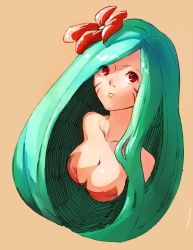 Rule 34 | 1girl, aqua hair, breasts, cleavage, cookie run, female focus, flower, hair flower, hair ornament, large breasts, long hair, looking at viewer, red eyes, simple background, solo, tiger lily cookie, very long hair, yabby