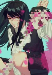 Rule 34 | 1girl, aqua background, belt, between legs, black hair, black skirt, black vest, blood, blood splatter, censored, censored violence, chainsaw man, chinese commentary, collared shirt, commentary request, facial scar, feet out of frame, floating hair, half-closed eyes, hand between legs, hand up, highres, holding, holding weapon, long hair, long sleeves, looking at object, meitian du hao wuliao, mosaic censoring, neck ribbon, parted lips, pink blood, ribbon, ringed eyes, scar, scar on cheek, scar on face, school uniform, severed head, shirt, simple background, skirt, skirt set, solo, squatting, straight hair, stylized blood, tanaka (chainsaw man), vest, weapon, white shirt, yellow eyes, yoru (chainsaw man)