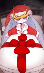 Rule 34 | absurdres, blush, bow, christmas, creatures (company), fisheye, fur-trimmed headwear, fur-trimmed poncho, fur trim, game freak, gen 7 pokemon, gift, hat, highres, holding, holding gift, long hair, looking at viewer, nintendo, pheromosa, pokemon, pokemon (creature), red bow, red hat, red poncho, santa costume, santa hat, skeletons62, solo, ultra beast, white hair
