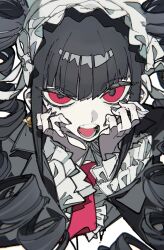 Rule 34 | 1girl, black hair, black jacket, black nails, celestia ludenberg, center frills, chappii (paon gunsou), colored skin, danganronpa: trigger happy havoc, danganronpa (series), drill hair, earrings, frilled jacket, frills, hands up, headdress, highres, jacket, jewelry, long hair, long sleeves, nail polish, necktie, pink necktie, red eyes, solo, teeth, tongue, twin drills, twintails, white skin