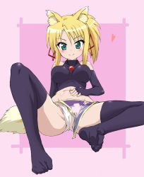 Rule 34 | 1girl, animal ear fluff, animal ears, black gloves, black shirt, blonde hair, blue eyes, breasts, cameltoe, closed mouth, commentary request, crop top, dog days, elbow gloves, fox ears, fox girl, fox tail, fundoshi, gloves, hair ribbon, halterneck, heart, highres, japanese clothes, jewelry, knee up, kumagapaniti, leaning back, looking at viewer, medium breasts, medium hair, midriff, navel, necklace, partial commentary, pelvic curtain, red ribbon, ribbon, shirt, sitting, smile, solo, spread legs, tail, thighhighs, yukikaze panettone