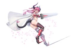 Rule 34 | 1girl, armor, ass, athenawyrm, bikini armor, blue eyes, blush, cape, dragon girl, dragon tail, elizabeth bathory (brave) (fate), elizabeth bathory (fate), embarrassed, fang, fate/grand order, fate (series), full body, hairband, horns, long hair, open mouth, pink hair, pointy ears, red armor, shoulder armor, solo, spikes, sword, tail, tiara, vambraces, weapon