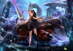 Rule 34 | 1girl, absurdres, black cape, black dress, black thighhighs, blonde hair, cape, diadem, dragon, dress, ereshkigal (fate), essual (layer world), fate/grand order, fate (series), floating hair, from behind, hair intakes, highres, hood, hood down, hooded, huge filesize, huge weapon, long hair, long sleeves, looking at viewer, looking back, outdoors, red eyes, revision, short dress, single thighhigh, solo, thighhighs, very long hair, weapon