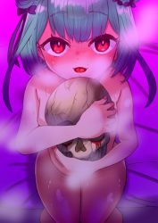 Rule 34 | 1girl, bed, blood, green hair, highres, hololive, junn (3zqte), looking at viewer, nude, open mouth, red eyes, skull, smile, solo, uruha rushia, virtual youtuber