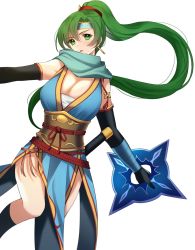 Rule 34 | 1girl, arcelle, breasts, cleavage, elbow gloves, female focus, fire emblem, fire emblem: the blazing blade, fire emblem heroes, gloves, green hair, headband, highres, holding, holding weapon, large breasts, lyn (fire emblem), matching hair/eyes, ninja, nintendo, shuriken, solo, weapon, white background