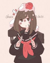Rule 34 | 1girl, absurdres, black sailor collar, black shirt, blush, brown eyes, brown hair, english text, food, food on face, food on head, fork, haru57928031, highres, holding, holding fork, holding knife, knife, long sleeves, neckerchief, no nose, object on head, open mouth, original, red neckerchief, sailor collar, shirt, solo, upper body