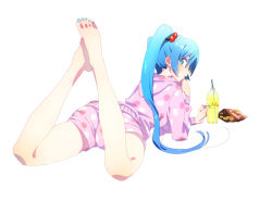 Rule 34 | 1girl, aqua nails, barefoot, blue eyes, blue hair, bottle, chips (food), domo1220, drinking straw, feet, feet together, feet up, food, from behind, full body, hair between eyes, hair bobbles, hair ornament, hatsune miku, hood, hood down, hooded pajamas, juice, knees apart feet together, long hair, long sleeves, looking at viewer, looking back, lying, matching hair/eyes, nail polish, nape, on stomach, pajamas, plantar flexion, polka dot, potato chips, profile, shorts, sideways glance, simple background, snack, solo, the pose, toenail polish, toenails, twintails, vocaloid, white background