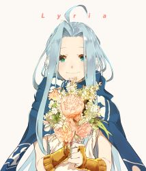 Rule 34 | 1girl, ahoge, blue cape, blue hair, cape, character name, closed mouth, commentary, dress, earmuffs, facing viewer, flower, granblue fantasy, green eyes, holding, holding flower, kaitara deru, long hair, looking at viewer, lyria (granblue fantasy), simple background, sleeveless, smile, solo, upper body, very long hair, white background, white dress