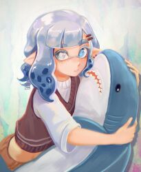 Rule 34 | 1girl, blue eyes, blue hair, commentary, english commentary, eyelashes, freckles, hair ornament, hairclip, highres, holding, holding stuffed toy, ikea shark, inkling, inkling girl, inkling player character, looking at viewer, medium hair, nintendo, parted lips, pointy ears, seatha, solo, splatoon (series), stuffed animal, stuffed shark, stuffed toy, tentacle hair