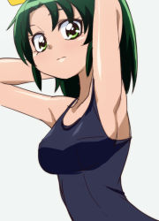 Rule 34 | 10s, 1girl, armpits, arms behind head, breasts, eyelashes, green eyes, green hair, long hair, matching hair/eyes, midorikawa nao, oimanji, one-piece swimsuit, ponytail, precure, school swimsuit, smile precure!, solo, swimsuit