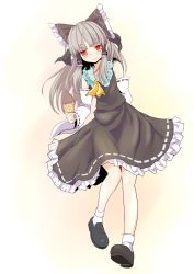 Rule 34 | 1girl, alternate color, arm behind back, ascot, bare shoulders, blush, bow, daikon, detached sleeves, dress, food, gradient background, grey hair, hair bow, hair tubes, hakurei reimu, highres, ishikkoro, long hair, looking at viewer, oden, radish, red eyes, solo, touhou