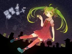 Rule 34 | 1girl, ahoge, bad id, bad pixiv id, cross-laced footwear, dress, female focus, full body, green eyes, green hair, hatsune miku, itamidome, long hair, matching hair/eyes, night, night sky, outdoors, red thighhighs, sky, solo, star (sky), star (symbol), starry sky, thighhighs, twintails, vocaloid