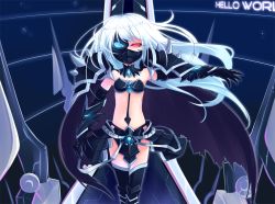 Rule 34 | 1girl, albino, armor, bad id, bad pixiv id, black thighhighs, cape, detached collar, dexp, elsword, eve (elsword), faulds, gloves, long hair, mask, pauldrons, red eyes, shoulder armor, solo, thighhighs, white hair