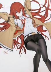 Rule 34 | 1girl, arm strap, arms up, belt, black pantyhose, black shorts, blue eyes, breasts, brown jacket, closed mouth, collared shirt, crossed bangs, feet out of frame, hair between eyes, hands in own hair, jacket, light blush, long hair, looking at viewer, lying, makise kurisu, necktie, off shoulder, on back, pantyhose, red hair, red necktie, shirt, short shorts, shorts, sidelocks, signature, small breasts, solo, steins;gate, straight hair, thigh gap, very long hair, white background, white belt, white shirt, yisjhui