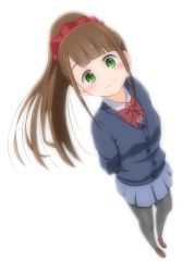 Rule 34 | 1girl, arms behind back, backlighting, black pantyhose, blue cardigan, blue skirt, blunt bangs, blush, bow, bowtie, brown footwear, brown hair, cardigan, closed mouth, collared shirt, commentary request, dot nose, full body, green eyes, hair ornament, hair scrunchie, highres, hitoribocchi no marumaru seikatsu, honshou aru, long hair, looking at viewer, minminnanagon, pantyhose, pleated skirt, ponytail, red bow, red scrunchie, school uniform, scrunchie, shirt, shoes, simple background, skirt, smile, solo, standing, white background, white shirt