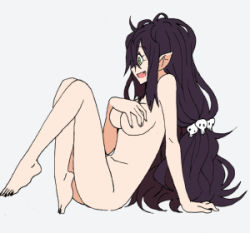 Rule 34 | 1girl, arm support, barefoot, black hair, black nails, blush, breasts, covering privates, covering breasts, crossed legs, eyeshadow, fingernails, from side, full body, fumitan (humitan), green eyes, hair ornament, knees up, kugasari-san, long hair, looking away, low-tied long hair, lowres, makeup, medium breasts, messy hair, nail polish, nude, open mouth, original, pointy ears, profile, simple background, sitting, skull hair ornament, smile, solo, toenail polish, toenails, very long hair, white background