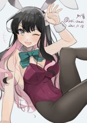 Rule 34 | 1girl, absurdres, adapted costume, animal ears, black hair, black pantyhose, blue background, bow, bowtie, breasts, dated, detached collar, fake animal ears, fang, green bow, green bowtie, highres, kantai collection, large breasts, leotard, long hair, multicolored hair, naganami (kancolle), one-hour drawing challenge, one eye closed, pantyhose, pink hair, playboy bunny, purple leotard, rabbit ears, skin fang, solo, strapless, strapless leotard, toriniku senshi chikinman, twitter username, wrist cuffs