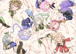 Rule 34 | 6+girls, animal ear fluff, animal ears, animal hood, bare arms, bare shoulders, barefoot, bed sheet, bell, black shorts, blanket, blonde hair, bloomers, bow-shaped hair, braid, braided ponytail, brown hair, cat ears, cat girl, child, chinese clothes, closed eyes, clover, clover print, coin hair ornament, diona (genshin impact), dori (genshin impact), dress, genshin impact, gold trim, green hair, green sleeves, grey hair, hair bell, hair between eyes, hair ornament, harem pants, highres, hood, jiangshi, klee (genshin impact), leaf, leaf hair ornament, leaf on head, long hair, long sleeves, lying, lying on person, medium hair, multiple girls, nahida (genshin impact), navel, neko sake1, ofuda, on back, on side, pants, pink hair, pointy ears, puffy shorts, purple hair, purple headwear, purple pants, qiqi (genshin impact), raccoon hood, raccoon tail, red dress, sayu (genshin impact), short hair, short sleeves, shorts, side ponytail, sidelocks, sleeping, sleeping on person, sleeveless, sleeveless dress, smile, tail, talisman, thick eyebrows, underwear, white bloomers, yaoyao (genshin impact)