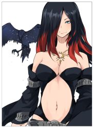 Rule 34 | 1girl, bare shoulders, belt, bird, black hair, blue eyes, breast tattoo, breasts, cleavage, crow, crow (gravity daze), detached sleeves, eyebrows, gravity daze, gravity daze 2, looking at viewer, medium breasts, midriff, multicolored hair, navel, red hair, revealing clothes, smile, solo, tattoo, two-tone hair, vambraces, white background, xii (gravity daze)