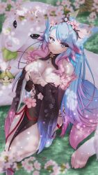 Rule 34 | 1girl, animal ear fluff, animal ears, black kimono, black sleeves, blue eyes, blue hair, blue nails, blue tail, breasts, cherry blossoms, cleavage, clothing cutout, detached sleeves, finger heart, heart, highres, hiro (phese), japanese clothes, kimono, large breasts, looking at viewer, looking up, multicolored hair, multicolored tail, nail polish, navel, navel cutout, pink hair, pink tail, silvervale, silvervale (sakura goddess), smile, solo, streaked hair, swept bangs, tail, virtual youtuber, vshojo, wolf, wolf ears, wolf girl, wolf tail