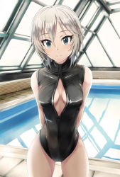 Rule 34 | 10s, 1girl, anastasia (idolmaster), arms behind back, black one-piece swimsuit, blue eyes, blush, breasts, cleavage cutout, clothing cutout, front zipper swimsuit, idolmaster, idolmaster cinderella girls, inoshira, looking at viewer, medium breasts, meme attire, one-piece swimsuit, rei no pool, short hair, silver hair, smile, solo, swimsuit