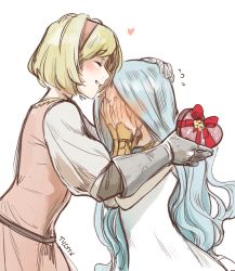 Rule 34 | 2girls, blonde hair, blue hair, blush, candy, chocolate, chocolate heart, closed eyes, covering face, djeeta (granblue fantasy), food, from side, granblue fantasy, hand on another&#039;s head, heart, highres, long hair, lyria (granblue fantasy), multiple girls, ticcy, twitter username, valentine, very long hair, white background, yuri