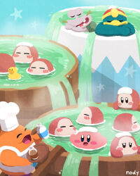 Rule 34 | :d, ^ ^, apron, artist name, bathing, blue eyes, blue sky, blush, blush stickers, bottle, brown eyes, chef hat, chef kawasaki, closed eyes, commentary request, day, escargon, hat, highres, holding, holding bottle, holding tray, king dedede, kirby, kirby (series), ladder, looking at another, nintendo, nody (nody lowmoo), open mouth, outdoors, partially submerged, red headwear, rubber duck, sky, smile, star (symbol), teeth, towel, towel on head, tray, waddle dee, washbowl, water, waterfall, white apron, white headwear