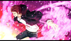 Rule 34 | 10s, 1boy, bracelet, chain, earrings, fire, hood, hoodie, jewelry, k-project, letterboxed, male focus, necklace, red eyes, red hair, short hair, solo, suoh mikoto, yellow eyes, yun (neo)