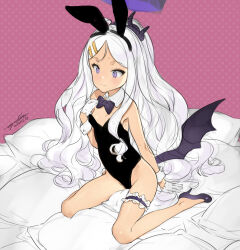 Rule 34 | 1girl, animal ears, artist name, black leotard, blue archive, blush, bow, bowtie, breasts, cleavage, closed mouth, commentary request, covered navel, dated, demon horns, demon wings, detached collar, fake animal ears, forehead, gloves, grey hair, half gloves, halo, high heels, highres, hina (blue archive), horns, leotard, long hair, monochrome, ooyari ashito, paid reward available, parted bangs, petite, pink background, playboy bunny, polka dot, polka dot background, purple bow, purple bowtie, purple eyes, purple footwear, rabbit ears, ribs, signature, sitting, sketch, small breasts, solo, sweatdrop, bridal garter, very long hair, wariza, wavy hair, wavy mouth, white gloves, wings, wrist cuffs
