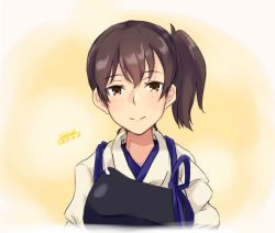 Rule 34 | 1girl, alakoala, brown eyes, brown hair, commentary request, dated, japanese clothes, kaga (kancolle), kantai collection, light smile, long hair, looking at viewer, muneate, parted lips, side ponytail, signature, smile, solo, tasuki, upper body, yellow background