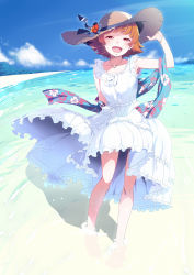 Rule 34 | 1girl, :d, arm up, bare arms, bare shoulders, beach, blue sky, blush, bracelet, breasts, cloud, collarbone, commentary request, day, dress, floral print, half-closed eyes, hand on headwear, hat, head tilt, highres, horizon, idolmaster, idolmaster million live!, idolmaster million live! theater days, jewelry, looking at viewer, medium breasts, natsumi akira, necklace, nonohara akane, ocean, open mouth, orange hair, outdoors, red eyes, sand, shawl, short hair, sky, sleeveless, sleeveless dress, smile, solo, straw hat, wading, water, white dress