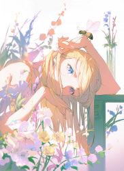 Rule 34 | 1girl, alternate costume, arm garter, arm rest, bee, blonde hair, blue eyes, bug, commentary, covering own mouth, dino (dinoartforame), dress, english commentary, flower, hair over mouth, highres, hololive, hololive english, insect, long hair, looking at viewer, simple background, solo, spaghetti strap, sunlight, upper body, virtual youtuber, watson amelia, white background, white dress