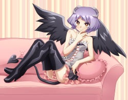 Rule 34 | 1girl, bad id, bad pixiv id, black thighhighs, black wings, borrowed character, brown hair, chroma000, chroma (chroma000), couch, demon girl, demon tail, frilled pillow, frills, highres, horns, original, pillow, purple hair, short hair, sitting, smile, solo, tail, thighhighs, wings, zettai ryouiki