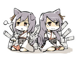 Rule 34 | &gt;:&lt;, 10s, 2girls, :&lt;, alternate hair ornament, animal ears, bare shoulders, cat ears, cat tail, clenched hand, closed mouth, detached sleeves, earrings, fusou (kancolle), hand up, japanese clothes, jewelry, kantai collection, kemonomimi mode, konno akikaze, multiple girls, nontraditional miko, purple hair, red eyes, sitting, smile, tail, torihamu, v-shaped eyebrows, wariza, white background, yamashiro (kancolle)
