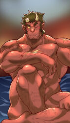 Rule 34 | 1boy, absurdres, arm hair, averting eyes, bara, blush, broken horn, bulge, chest hair, colored sclera, colored skin, completely nude, convenient leg, demon horns, facial hair, forked eyebrows, goatee stubble, goriin110, hairy, highres, horns, knee up, large pectorals, leg hair, long sideburns, looking to the side, male focus, mature male, muscular, muscular male, navel, navel hair, nude, one eye closed, orgus (f-kare), pectorals, pointy ears, red skin, scar, scar on chest, scar on face, scar on nose, short hair, shoukan yuusha to f-kei kareshi, shy, sideburns, solo, stubble, thick eyebrows, thick thighs, thighs, tusks, yellow sclera