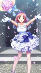 Rule 34 | 1girl, :d, armpits, blue flower, blue ribbon, blue rose, blush, bouquet, breasts, bridal veil, collarbone, day, doukyuusei another world, dress, feet out of frame, flower, game cg, gloves, green eyes, hair flower, hair ornament, head wreath, jewelry, kakyuusei 2, layered dress, looking at viewer, medium breasts, mole, mole under mouth, necklace, official art, open mouth, outdoors, outstretched arms, pantyhose, petals, pink hair, pink pantyhose, ribbon, rose, short dress, short hair, sleeveless, sleeveless dress, smile, solo, sparkle, standing, veil, wakai misaki, white dress, white gloves