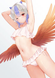 Rule 34 | 1girl, armpits, arms up, blush, breasts, covered navel, cowboy shot, expressionless, feathered wings, groin, highres, horns, looking ahead, low wings, medium hair, navel, one eye closed, petite, sideboob, small breasts, solo, swimsuit, tokiko (touhou), touhou, underboob, wings, y na1211