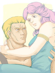 Rule 34 | 1boy, 1girl, armlet, blonde hair, blue dress, brown eyes, carrying, couple, dress, eye contact, falco, hand on another&#039;s back, hand on another&#039;s neck, hetero, hokuto no ken, krkkrk2701, lifting person, long hair, looking at another, muscular, myuu, pink hair, smile, suspenders, yellow background