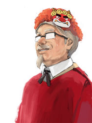 Rule 34 | 1boy, colonel sanders, cosplay, facial hair, formal, glasses, goatee, grey hair, jacket, kfc, kuroko (piii), male focus, manly tears, mask, mustache, necktie, old, old man, oni, red oni, red oni (cosplay), setsubun, short hair, simple background, smile, solo, stubble, sweater, tears, upper body, white background