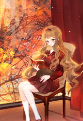 Rule 34 | 1girl, animal, animal on lap, bare tree, blush, book, brown eyes, brown hair, brown sailor collar, brown serafuku, brown shirt, brown skirt, cat, chair, closed mouth, commentary request, curtains, hairband, highres, holding, holding book, juexing (moemoe3345), light smile, long hair, neck ribbon, on chair, on lap, open book, original, pleated skirt, red hairband, red ribbon, ribbon, sailor collar, school uniform, serafuku, shirt, shoes, sitting, skirt, socks, solo, tree, very long hair, wavy hair, white socks, window