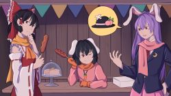 Rule 34 | 3girls, ^^^, animal ears, black hair, blazer, bow, cake, carrot, carrot cake, carrot necklace, corn dog, detached sleeves, food, food stand, gloves, hair bow, hair tubes, hakurei reimu, hand on own chin, highres, inaba tewi, jacket, long hair, mefomefo, multiple girls, necklace, one eye closed, purple hair, rabbit ears, red bow, red eyes, reisen udongein inaba, scarf, spoken object, stroking own chin, thinking, touhou, wide sleeves